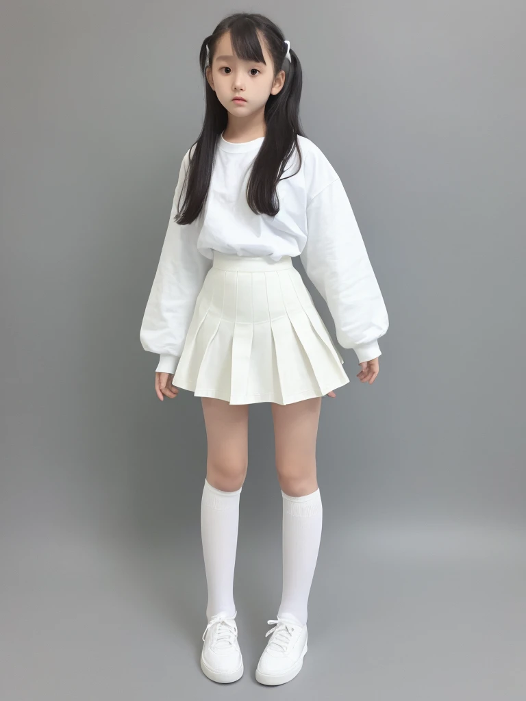 A woman wearing white knee-high socks、White T-shirt、White mini skirt、Japanese、Standing posture、The whole body is in it、Highest quality、12 years old