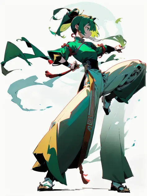 Green Hair、Her hair is short、small breast、upright stance、full body、Fighter、Uniform、Chinese Knight、Chinese style、White background、Simple Background、No exposure、China dress、pants、band、front、White clothes、Kung Fu、slender