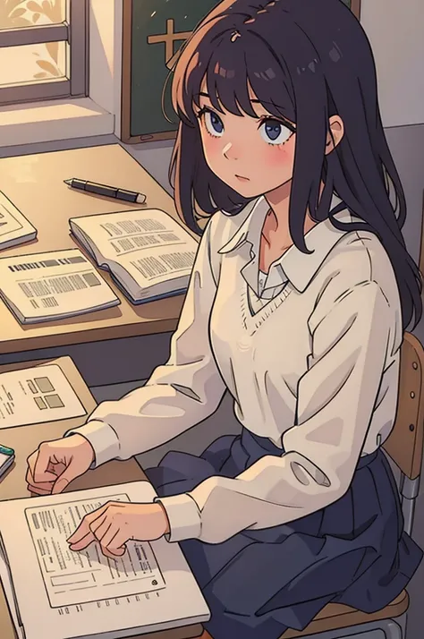 (soft light, School atmosphere), (A  girl:1.2), (At the desk), Morning Story