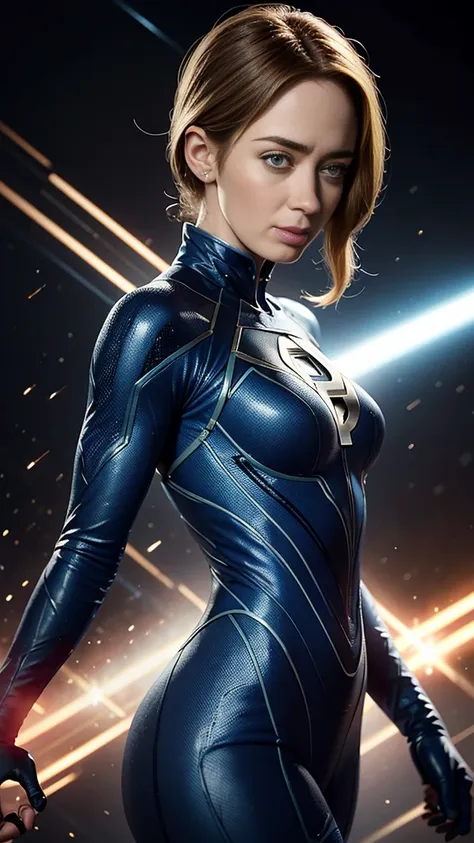 emily blunt as sue storm from fantastic four, wearing futuristic blue suit with fantastic four emblem on chest, perfect facial f...