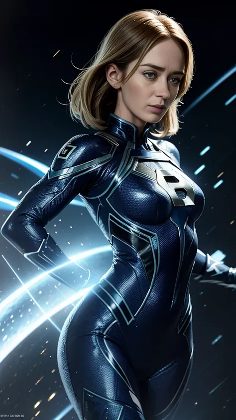 emily blunt as sue storm from fantastic four, wearing futuristic blue suit with fantastic four emblem on chest, perfect facial f...