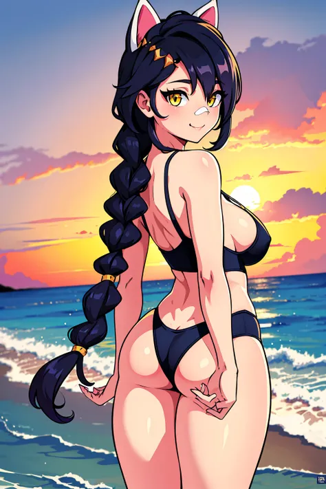 Erisa, 1girl, solo, long hair, looking at viewer, black hair, bandaid on face, yellow eyes, animal ears, smile, bandaid on nose, braid, cat ears, bandaid, bangs, breasts, fake animal ears, simple background, fang, bare shoulders, scar, bare shoulders, clos...