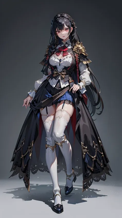 Correct body proportions，Golden ratio，braid，单条braid，Dress，蓝色Dress，Blue skirt，Black Hair，Black Hair，Golden Eyes，Golden pupils，Lace decoration，White knee socks，White garter stockings，White socks，White tights，White Silk，Black boots，Black boots，Sassy，Handsome，...