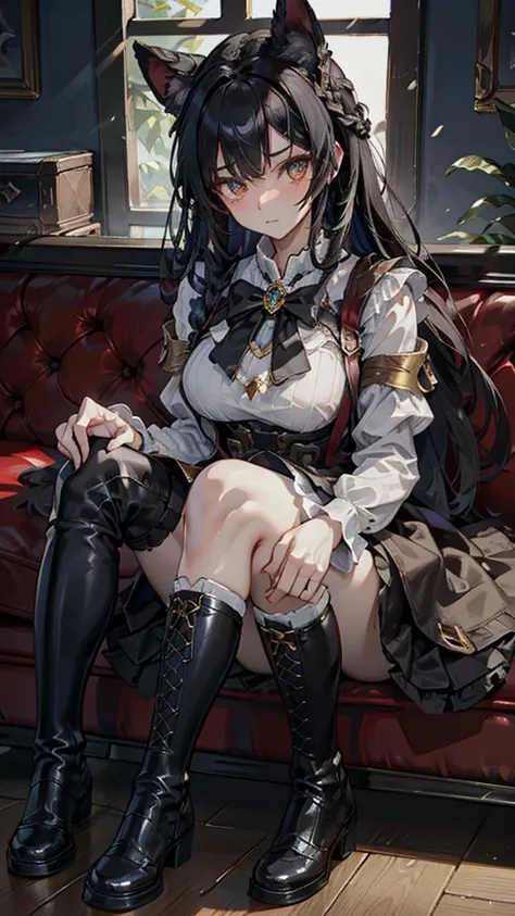 Correct body proportions，Golden ratio，braid，单条braid，Dress，蓝色Dress，Blue skirt，Black Hair，Black Hair，Golden Eyes，Golden pupils，Lace decoration，White knee socks，White garter stockings，White socks，White tights，White Silk，Black boots，Black boots，Sassy，Handsome，...