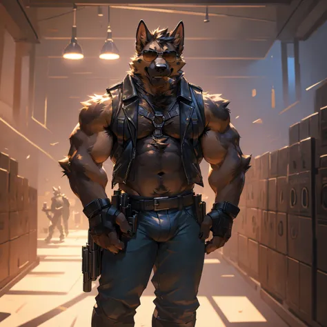 Solo, male, medium muscular, german shepherd, dog, biker, hairy chest, furry chest hair, shirtless, leather vest, blue jeans, leather chest harness, gun holster, gun, leather fingerless gloves, combat boots, boots, cigar, cigar in mouth, nipple piercing ((...