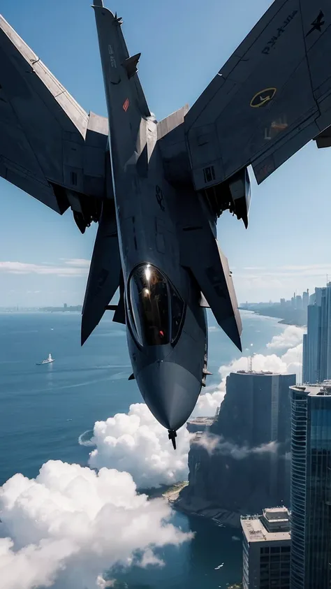 "A large fighter jet flying above the city, approaching the monster."Txt2Img
デフォルト