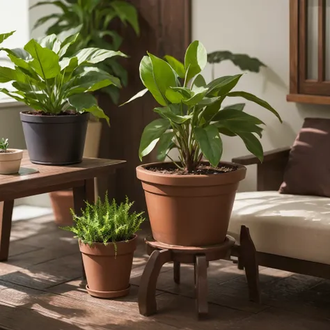 Potted plant on a dark brown wooden table、Focus on the potted plant and blur the background a little.、２View from a distance of about a metre