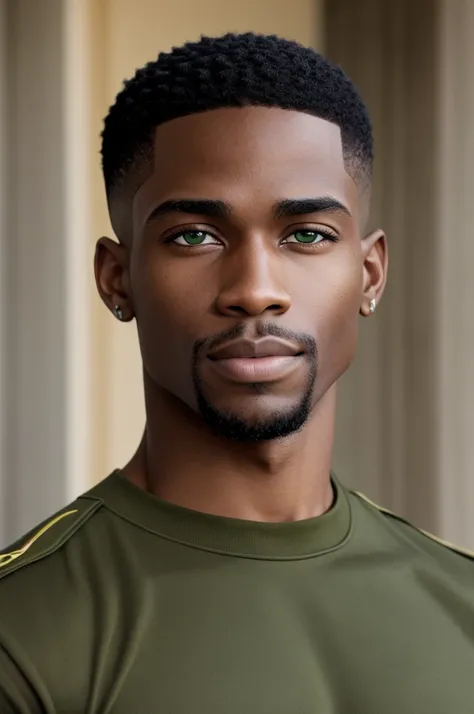 American man of African descent with black skin with olive undertone Emerald green eyes American military haircut Muscular Full mouth 