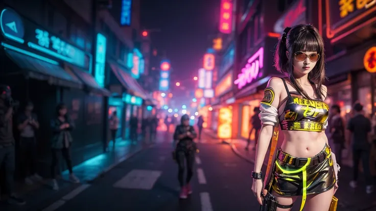 8k, Realistic Skin Texture, Realistic Photo, Neo Tokyo, slim women, large-breast:1.4 cleavage:1.3, AD2050 at night, Dirty hunting jacket, Wearing tube top, miniskirt, (((black sunglasses, automatic rifle, sneakers, cold, shooting pose, very low angle view)...