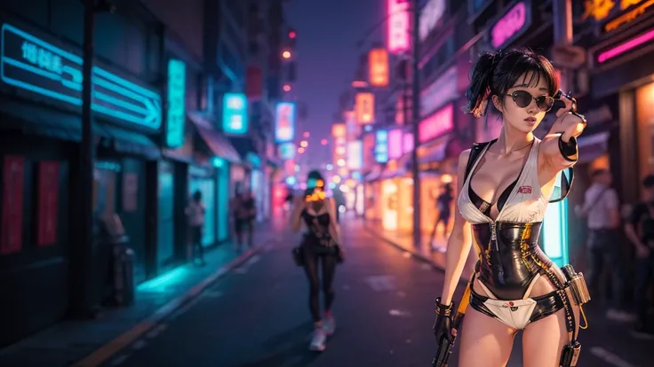 8k, Realistic Skin Texture, Realistic Photo, Neo Tokyo, slim women, large-breast:1.4 cleavage:1.3, AD2050 at night, Dirty hunting jacket, Wearing tube top, miniskirt, (((black sunglasses, automatic rifle, sneakers, cold, shooting pose, very low angle view)...