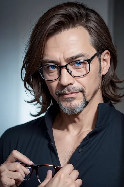 46 year old man, Doctor, charming, blue eyes with glasses, Round face, with a goatee, chestnut hair, black jersey