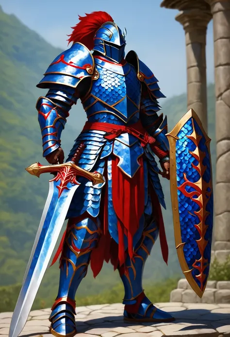 a human warrior wearing red and blue plate armor made of scales wielding a greatsword made of the same red and blue scales