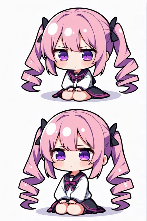 One girl, alone, (chibi 2), Drill Hair, Long Hair, Pink Hair, ,Purple eyes,Has a sad face, Shine, Twin Drill, Twin tails,Simple white background,whole body, 