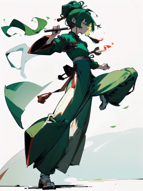 Green Hair、Her hair is short、small breast、upright stance、full body、Fighter、Uniform、Chinese Knight、Chinese style、White background、Simple Background、No exposure、China dress、pants、band、front、White clothes、Kung Fu、slender