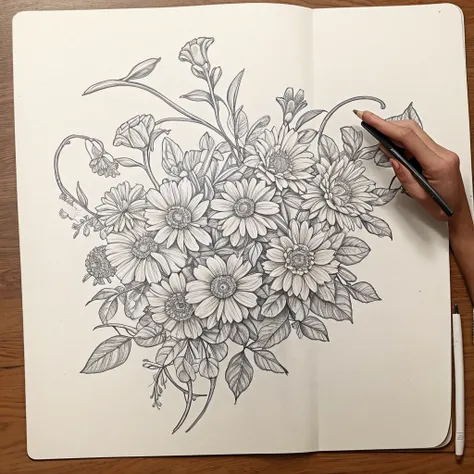 Drawing imahe of an flowers, vines curlimg 