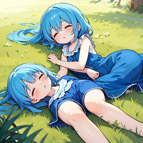 Blue Hair，1.3M，Girl，Close her eyes，Lying flat in the grass