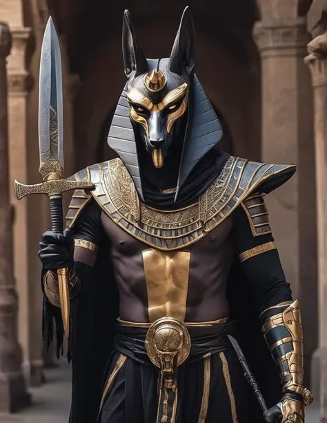 homem fantasiado de anubis, intimidating piscopathic man, with anubis mask, dark energy, wearing a black costume, armed with a k...