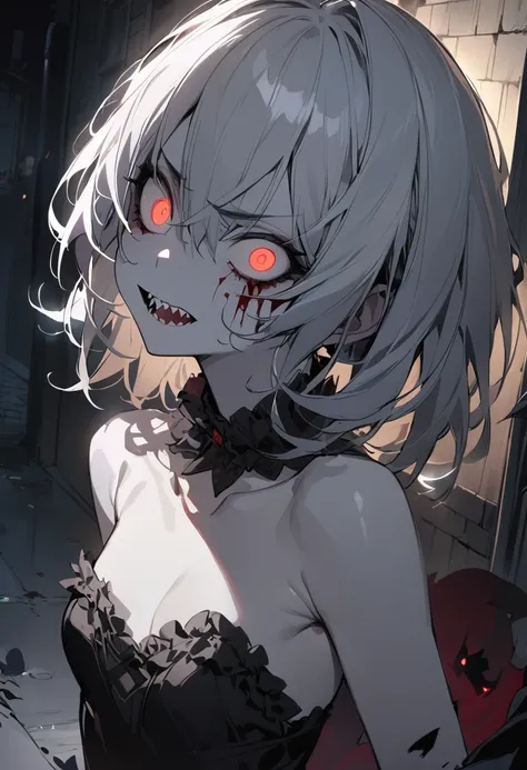 ((best quality)), ((masterpiece)), (detailed), 1girl, ((portrait)), drow, black makeup,(black dress), briar, (night), back alley, ((pale skin)), sharp teeth, ((small breasts)), solo, (crazy eyes), white hair, angry, blood, evil, frills,