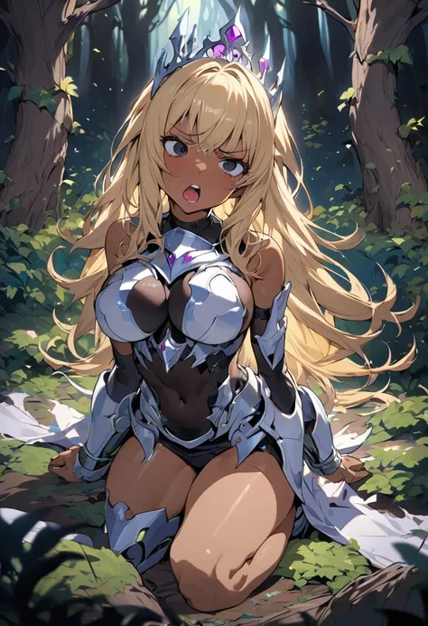 (anime style),masterpiece, best quality, extremely detailed,20Years old,tanned skin,dark skin, Beautiful body,large breasts press,BREAK,multicolored colorful blonde hair,shaggy hair,long hair,long pony hair,BREAK,black eyes,black choker,dignified face,disg...