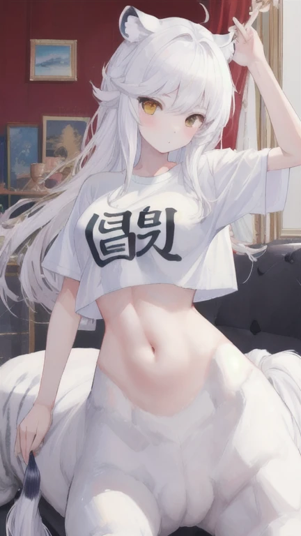 (best quality, masterpiece), 1 girl, centaur, It takes, White skin, Korean  , exposing the abdomen,belly button t-shirt, 아름다운 소녀 perfect white tiger photo, perfect white tiger photo