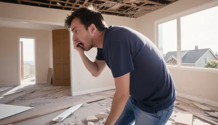 a man having a mental breakdown and destroying his house