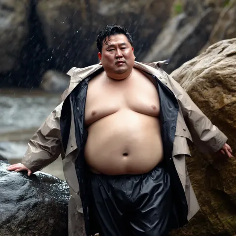 Professional photo, sharp 4K, beautiful light, Man 40 years old, Fat, Chubby, Asian man, no shirt, wearing a coat, Show belly, wet from the rain, Lying down against a rock.