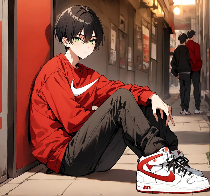 make a boy with black hair and green eyes wearing a red sweatshirt and black jeans and white Nike sneakers