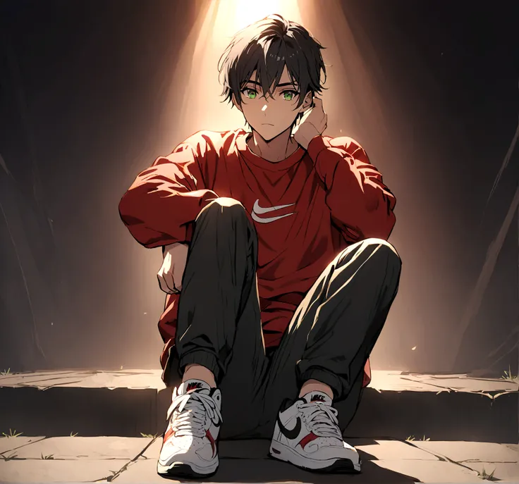 make a boy with black hair and green eyes wearing a red sweatshirt and black jeans and white Nike sneakers