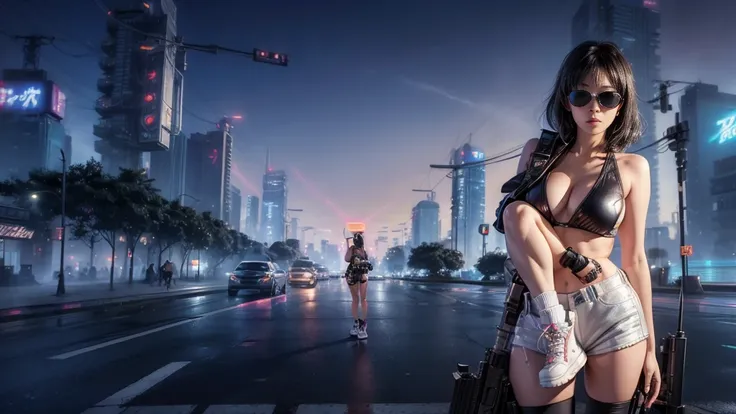 8k, Realistic Skin Texture, Realistic Photo, Neo Tokyo, slim women, large-breast:1.4 cleavage:1.3, AD2050 at night, Dirty hunting jacket, Wearing tube top, miniskirt, (((black sunglasses, automatic rifle, sneakers, cold, shooting pose, very low angle view)...