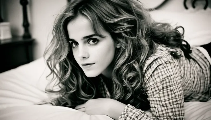 (best quality,ultra-detail,shot by Lomography Lady Grey 400 film:1.2),emma Watson as character Hermione Granger ,detailed beautiful eyes,detailed lips, posing seductively on bed ,long wavy hair in a messy style,soft and dramatic lighting, beautiful legs, f...