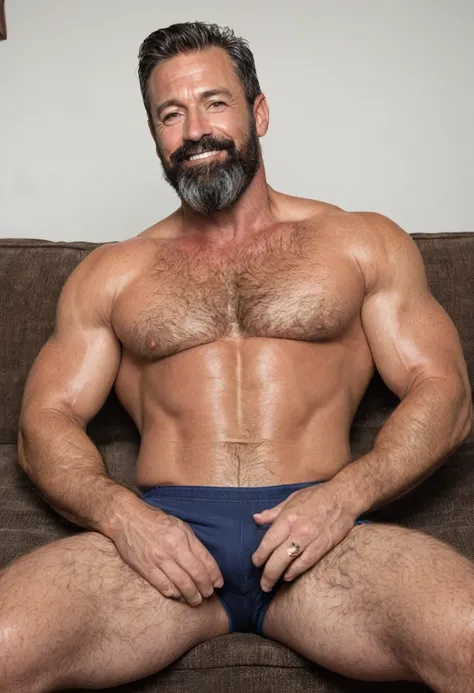 A beefy, muscular, hairy middle-aged man in his 40s who was born in the 80s, A man who used to be one of the cool kids in highschool and was born during the prime 1980s, the man has short hair and a thick beard, as well as firm, large muscles, the man is w...