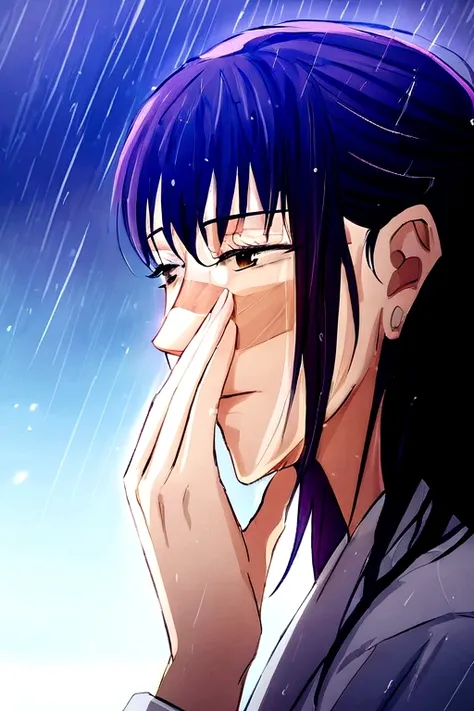 Man with white hair and blue eyes the rain,close up face view, and woman with dark violet hair and brown eyes