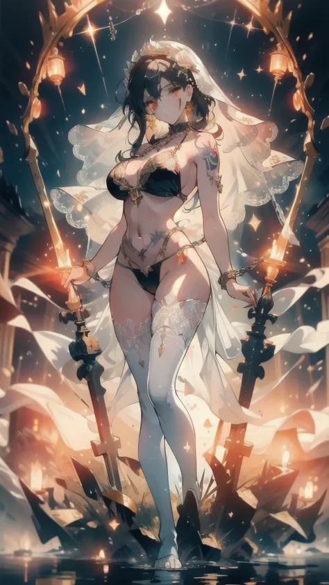 ((masterpiece, best quality)), Epic battlefield atmosphere，Delicate face，bride，whole body，Standing picture，glowing golden eyes，Large Breasts，Perfect body proportions，Pure white background，Rose，firefly，Water Ripples，Lace，Transparent sex bikini，Tattoo，chain