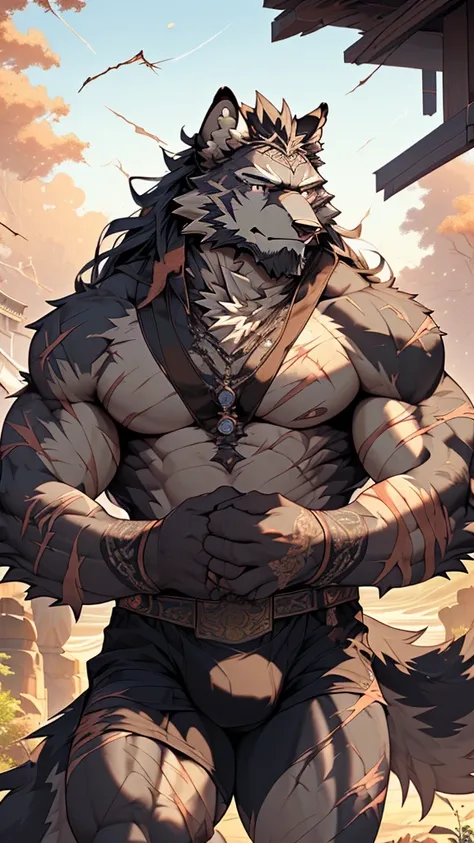 (masterpiece),(highres),(intricate details:1.4),extremely detailed,(illustration:1.2),8k,photorealistic,exquisite,,aged,elder male wolf,muscular,(general:1.7),,manhood,warrior,(black fur:1.3),long hair,long beard,(numerous scars:1.7),(badly damaged:1.7),(b...