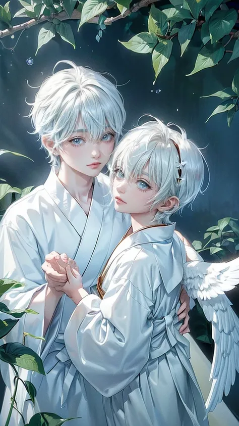 ((4K works))、​masterpiece、(top-quality)、One beautiful boy、angel wings on his back, Slim body、tall、((White japanese YUKATA))、(Detailed beautiful eyes)、Lush trees and serene fountains that finely depict the landscape of the gardens sanctuary、((Short-haired w...