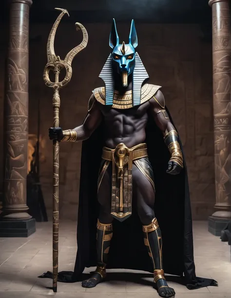 a man dressed as anubis realistic costume design, intimidating psychopathic man, anubis mask, dark energy, black costume, holding a staff , highly detailed, cinematic lighting, dramatic atmosphere, photorealistic, 8K, masterpiece