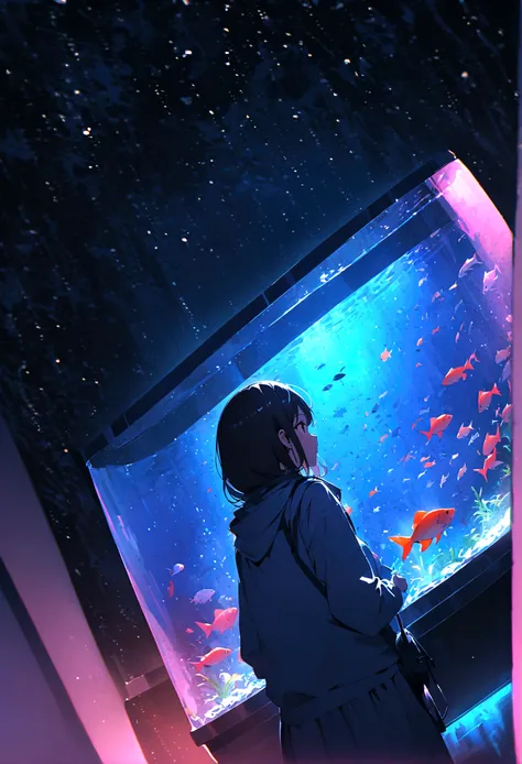 aquarium、A girl standing in front of a huge aquarium、Large single glass aquarium、Dimly lit interior、Quiet atmosphere、Girl looking up at a fish tank、There is a girl in the center、Angle of view from the rear