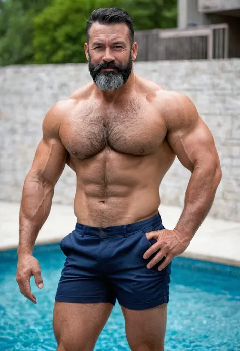 A beefy, muscular, hairy middle-aged man in his 40s who was born in the 80s, A man who used to be one of the cool kids in highschool and was born during the prime 1980s, the man has short hair and a thick beard, as well as firm, large muscles, the man is w...