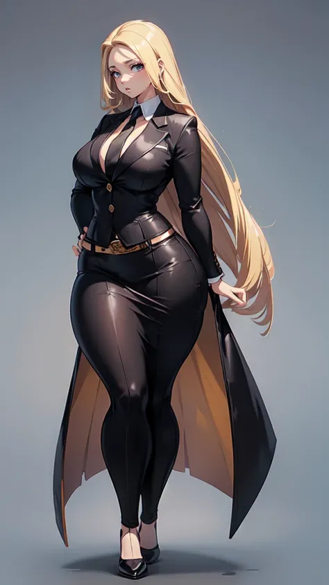 blank background, (((full body))), (masterpiece), ((best quality)), ((tall girl)), straight hair (curvy:1.7), (black skirt), shoes, belt below navel, blonde,  (black suit and tie), wide hips