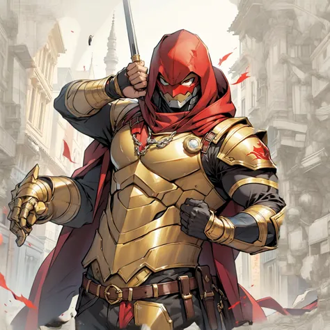 golden armor, red hood