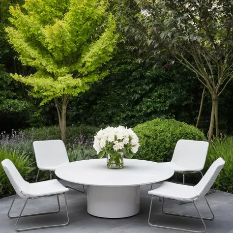 jardin, aire de repos extérieure de style moderne, Il y a une table circulaire au centre de la zone,sur lequel est posé un bouquet de lys blancs.