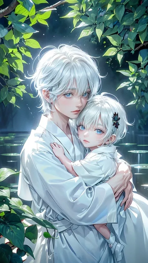 ((4K works))、​masterpiece、(top-quality)、One beautiful boy、angel wings on his back, Slim body、tall、((White japanese YUKATA))、(Detailed beautiful eyes)、Tranquility Lake , Trees and serene fountains that finely depict the landscape of the gardens sanctuary、((...