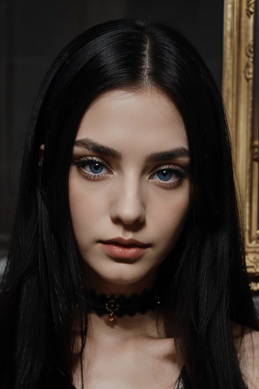 Masterpiece, Best Quality, A very beautiful and mysterious woman with long straight black hair, big blue eyes and pale complexion, gothic, from Madrid, 22 years, very elegant, sexy, hair like Cleopatra