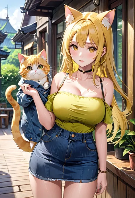 ( straight face picture )) ((best quality)),  ((Masterpiece)), (details), Young woman ,cat ears ,yellow hair , beautiful girl hair , according to green  ,Yellow open-shoulder shirt outfit , jeans skirt , has a tail, big breasts, 
