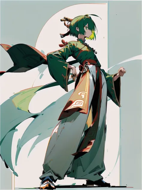 frontを向いている、Green Hair、Her hair is short、small breast、upright stance、full body、Fighter、Uniform、Chinese Knight、Chinese style、White background、Simple Background、No exposure、China dress、pants、band、front、White clothes、Kung Fu、slender