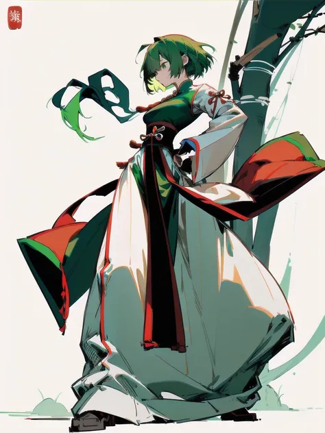 frontを向いている、Green Hair、Her hair is short、small breast、upright stance、full body、Fighter、Uniform、Chinese Knight、Chinese style、White background、Simple Background、No exposure、China dress、pants、band、front、White clothes、Kung Fu、slender