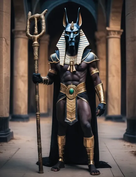 a man dressed as anubis realistic halloween costume design, intimidating psychopathic man, anubis mask, dark energy, black costu...