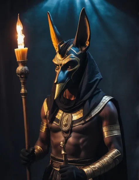 a man dressed as anubis realistic halloween costume design, intimidating psychopathic man, anubis mask, dark energy, black costu...