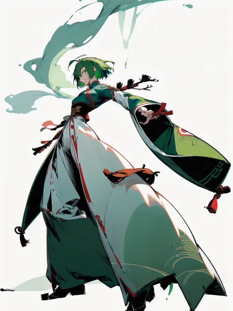 frontを向いている、Green Hair、Her hair is short、small breast、upright stance、full body、Fighter、Uniform、Chinese Knight、Chinese style、White background、Simple Background、No exposure、China dress、pants、band、front、White clothes、Kung Fu、slender,Body facing forward