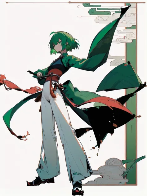 frontを向いている、Green Hair、Her hair is short、small breast、upright stance、full body、Fighter、Uniform、Chinese Knight、Chinese style、White background、Simple Background、No exposure、China dress、pants、band、front、White clothes、Kung Fu、slender,Body facing forward